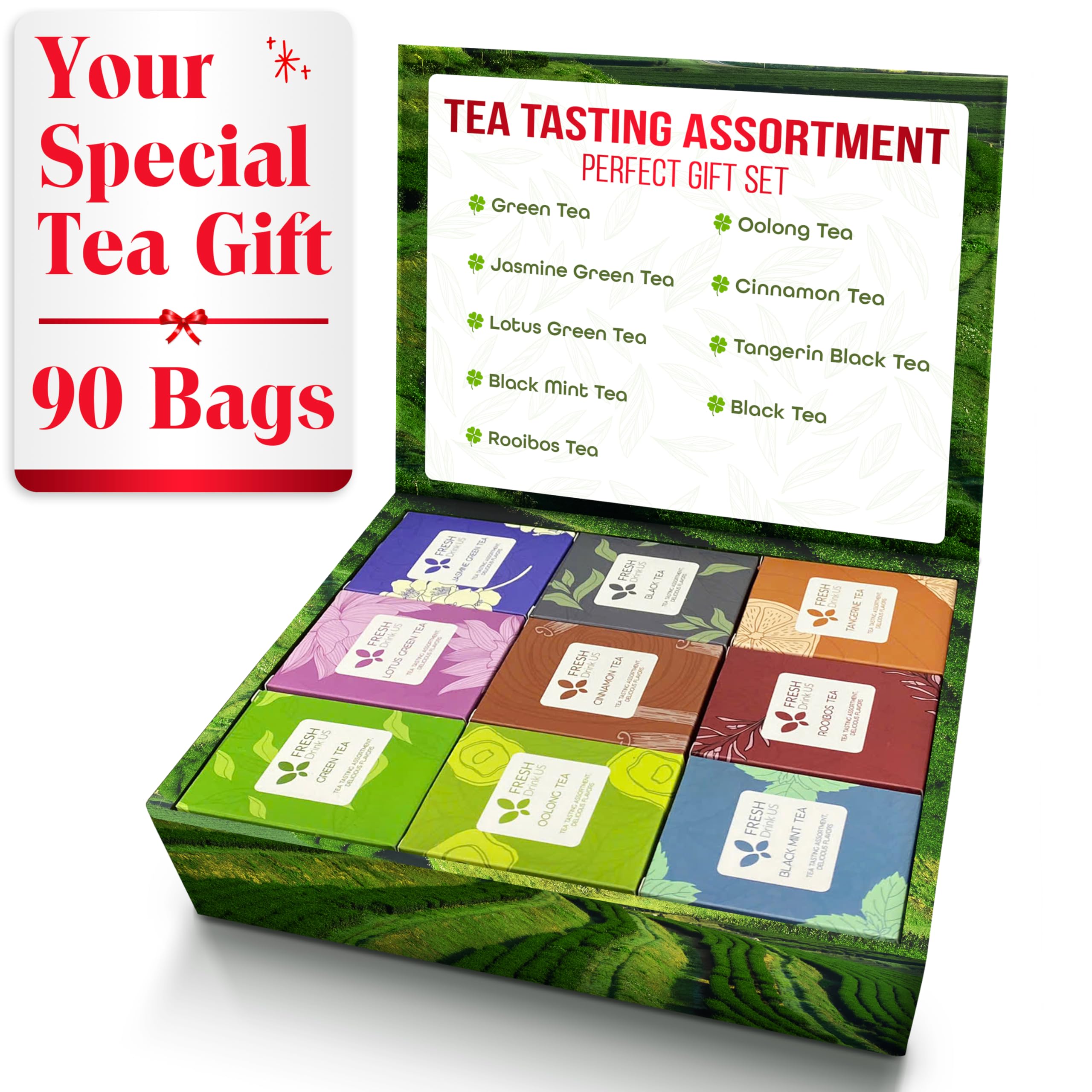 FreshDrinkUS tea sampler box displaying nine flavors for gifting and tasting.