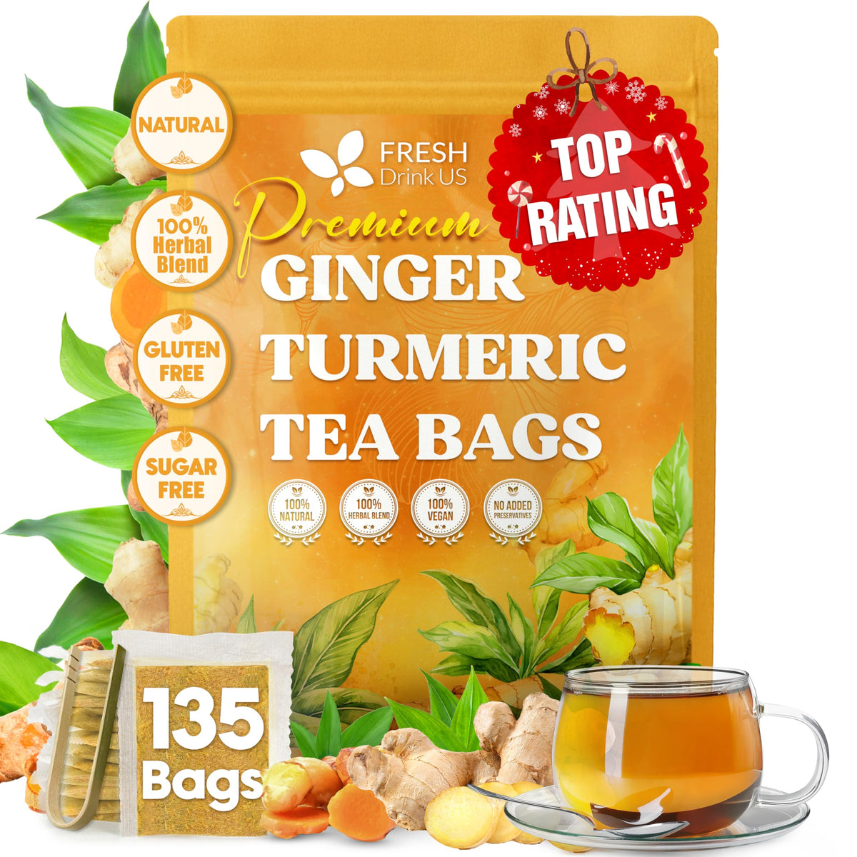 FreshDrinkUS turmeric ginger tea bags pack ready for a pure, caffeine-free moment