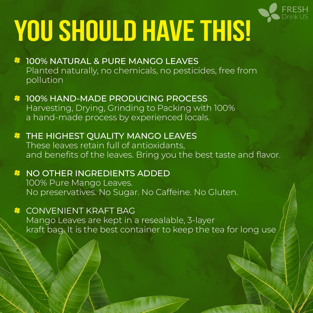 FreshDrinkUS vacuum-pack mango leaves showing freshness preservation for extended shelf life.
