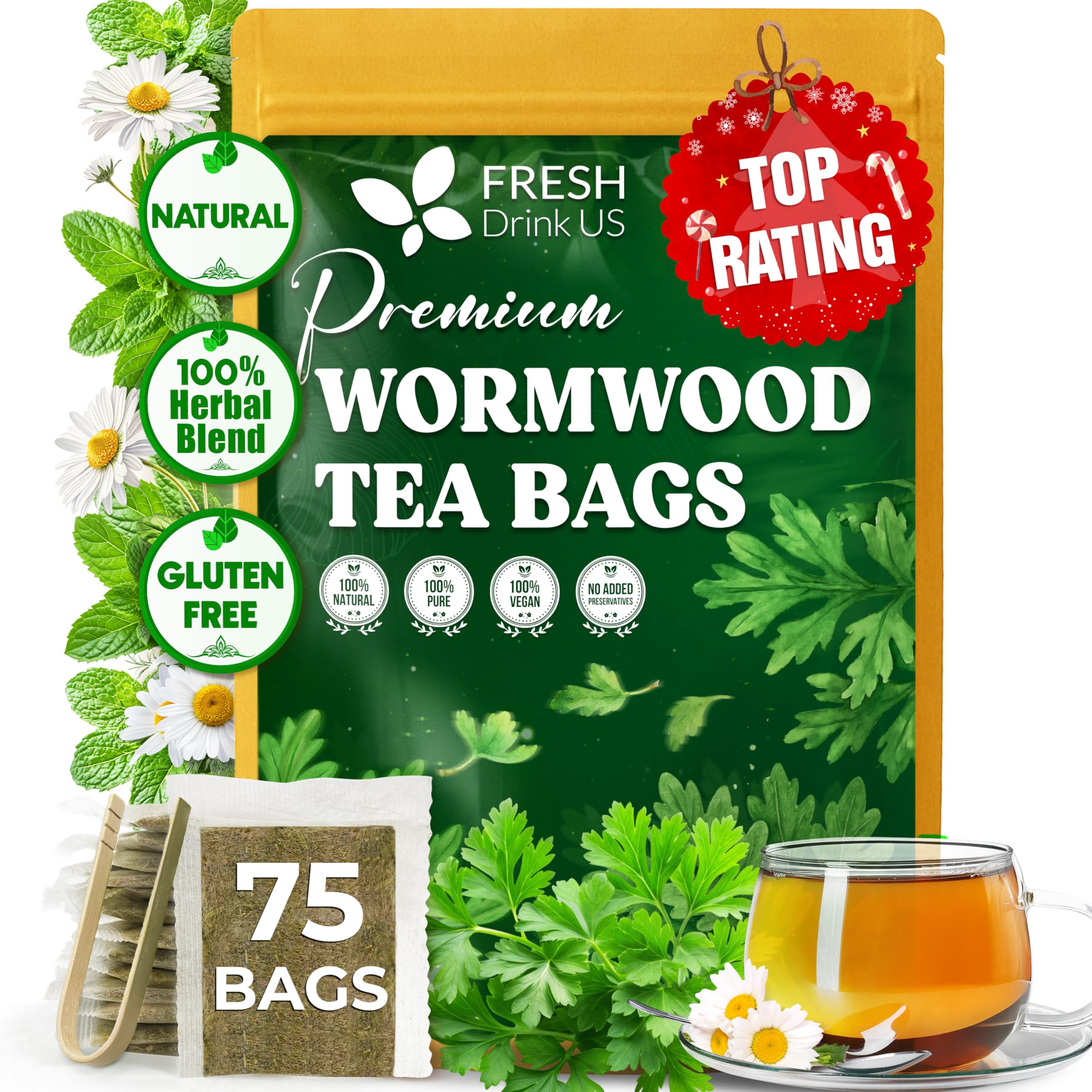 FreshDrinkUS wormwood tea bags in a tin for convenient daily ritual.