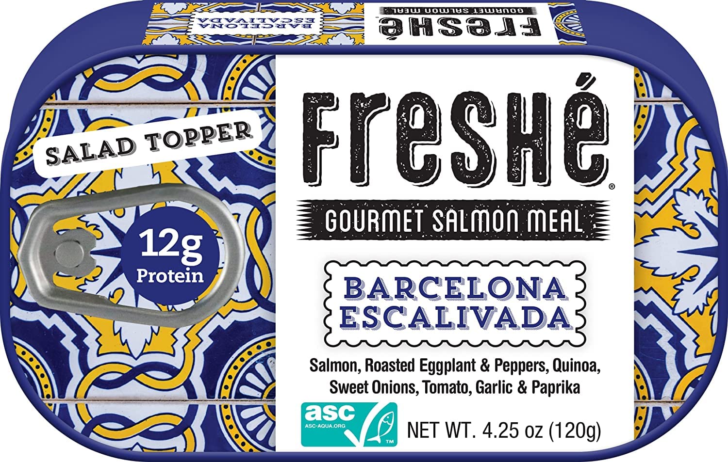 Freshé olive oil salmon tin highlights simple, protein-rich Mediterranean snack.