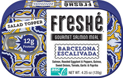 Freshé olive oil salmon tin highlights simple, protein-rich Mediterranean snack.