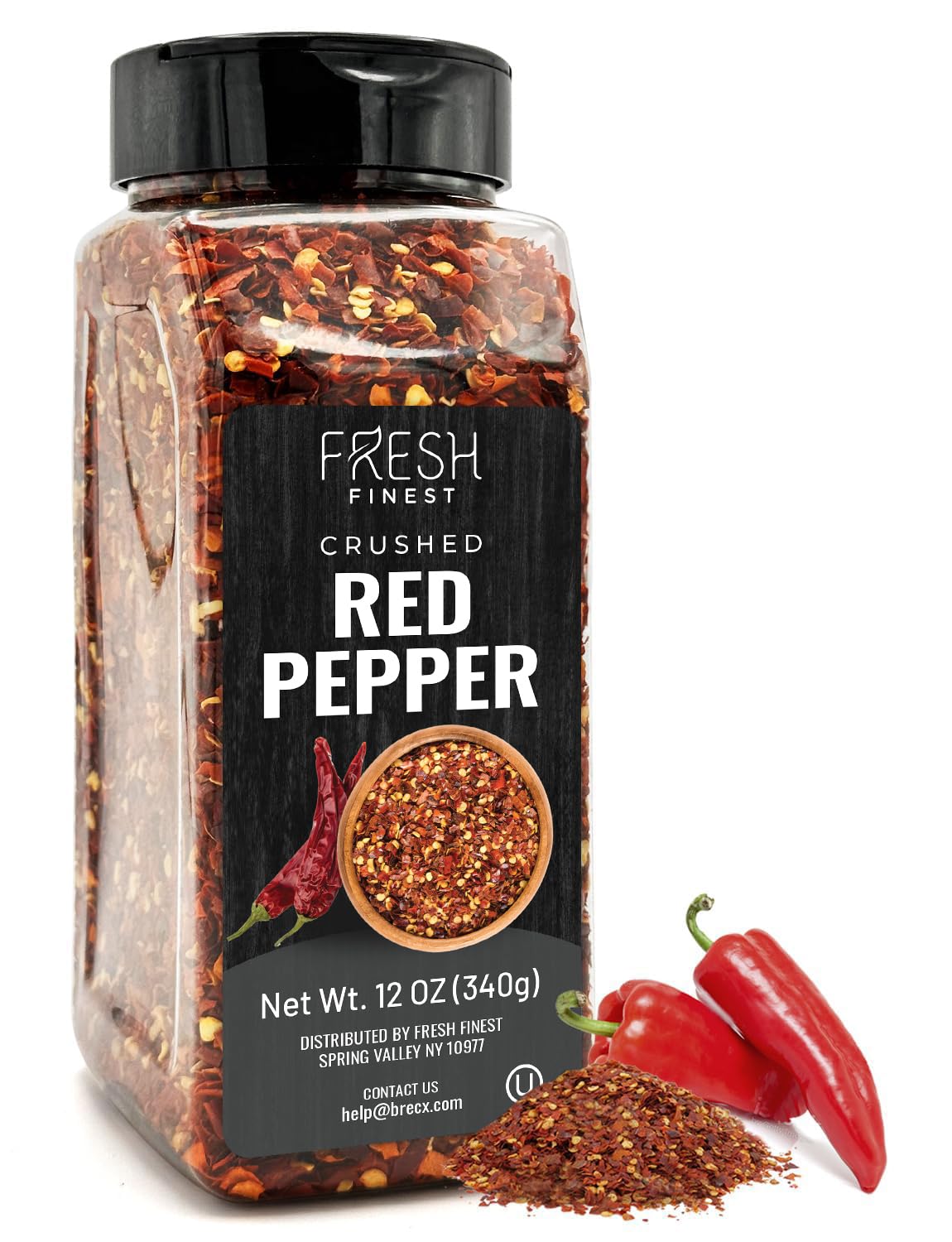 Fresh Finest crushed red pepper bottle pour highlights premium spice for pizza and sauces