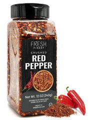 Fresh Finest crushed red pepper bottle pour highlights premium spice for pizza and sauces