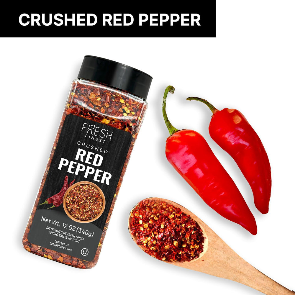 Fresh Finest crushed red pepper on pizza scene suggests vibrant flavor and heat