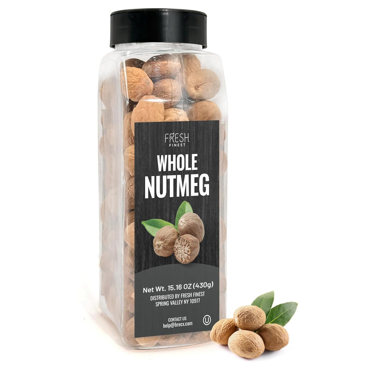 Fresh Finest whole nutmeg jar front, premium spice for baking.