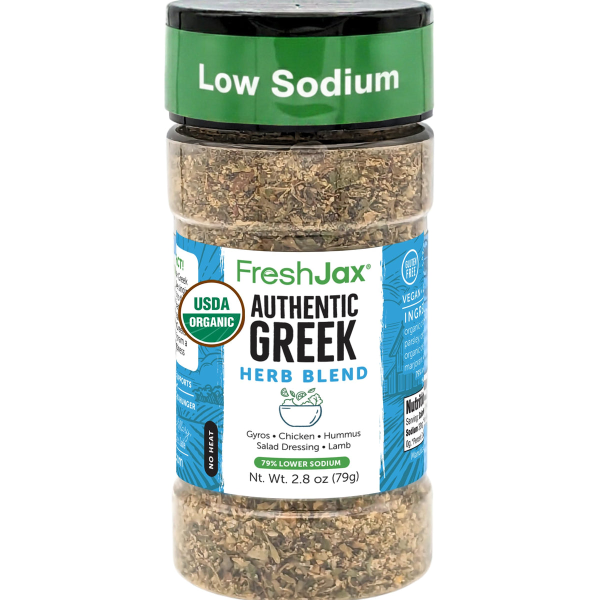 FreshJax Greek seasoning bottle front enhances grilled chicken flavor with authentic Mediterranean herbs.