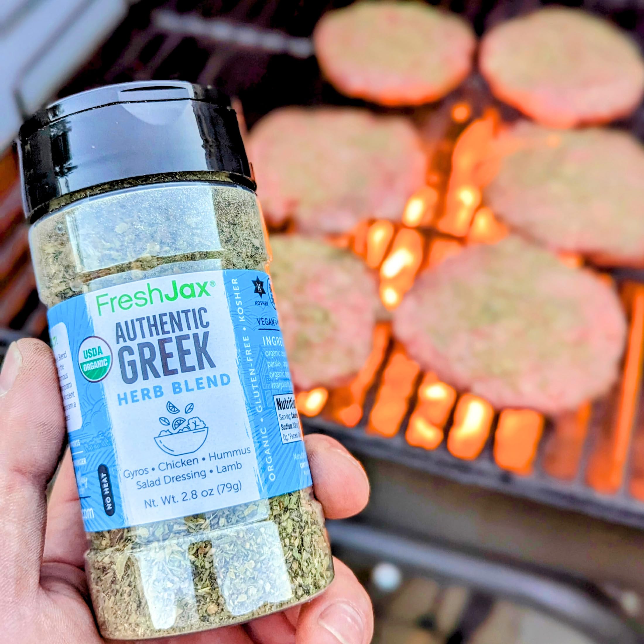 FreshJax Greek seasoning dried herbs on board evoke Mediterranean kitchen ambience.