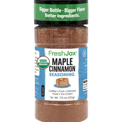 FreshJax Maple Cinnamon Topping bottle close-up, ideal for breakfast with warm maple notes.