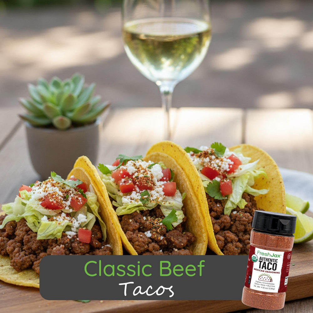 Skillet sizzling with FreshJax taco seasoning for fajitas