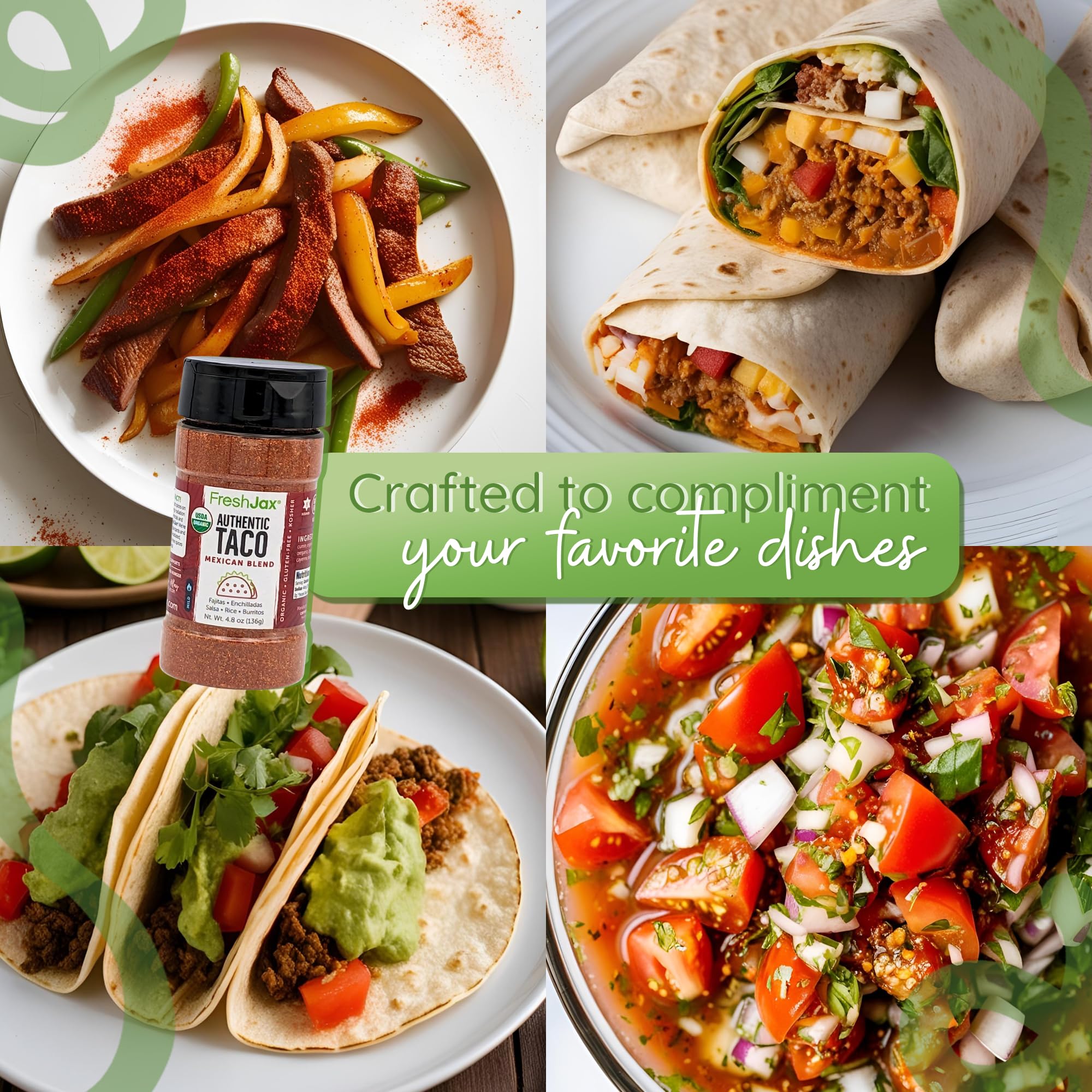 Close-up of FreshJax spices highlighting organic ingredients for vibrant tacos