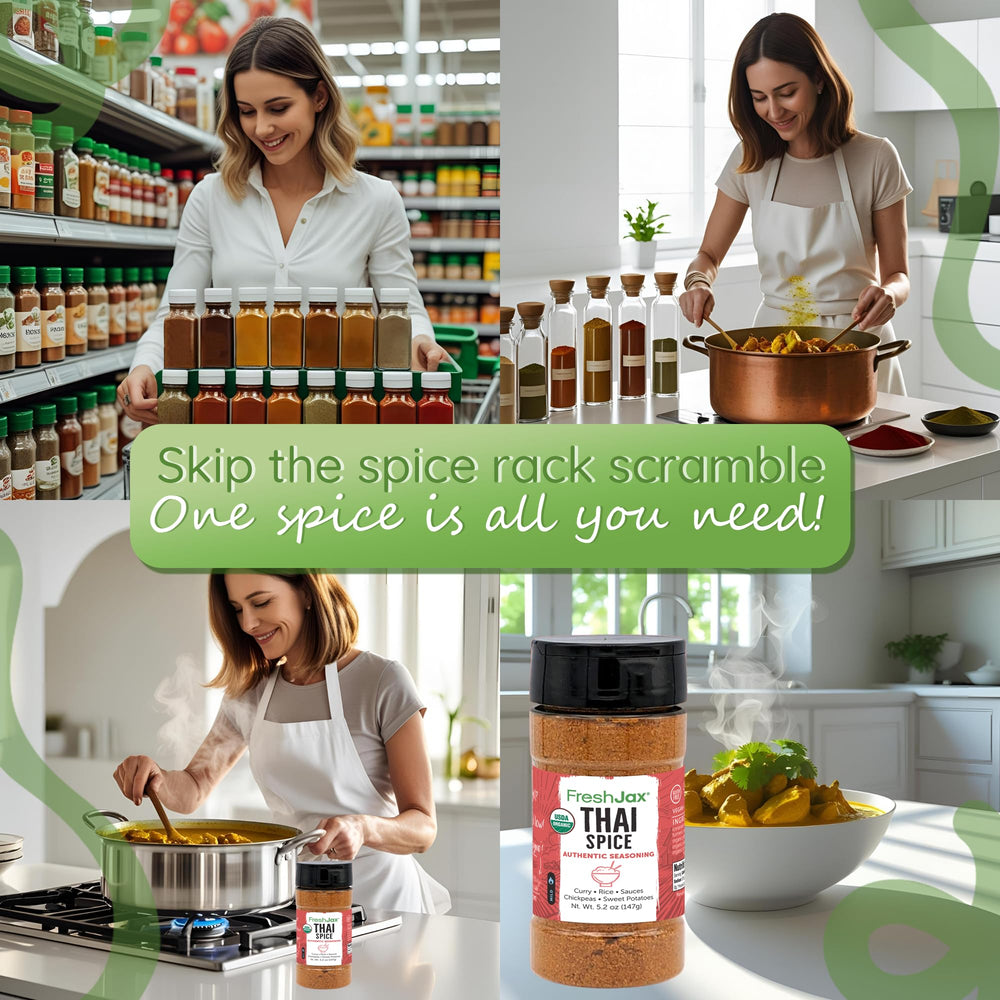 FreshJax Thai Spice Powder sprinkled on coconut curry for depth