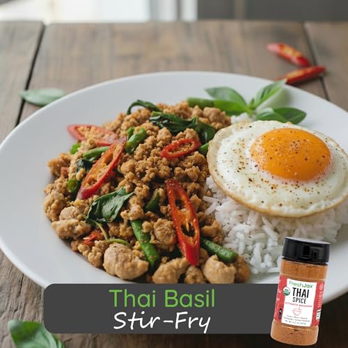 FreshJax Thai Spice Powder shaker bottle showing even seasoning in a dish