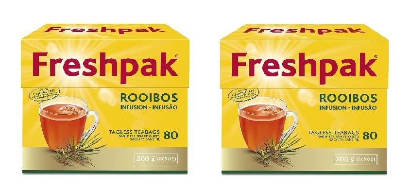 Freshpak Rooibos 80 tagless tea bags neatly arranged in a foil pouch