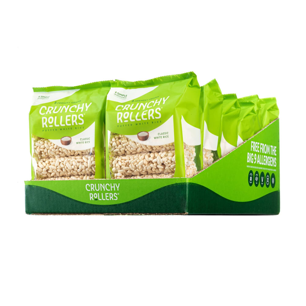 Friendly Grains Classic White Rice Crunchy Rollers pack shot for on-the-go snacking