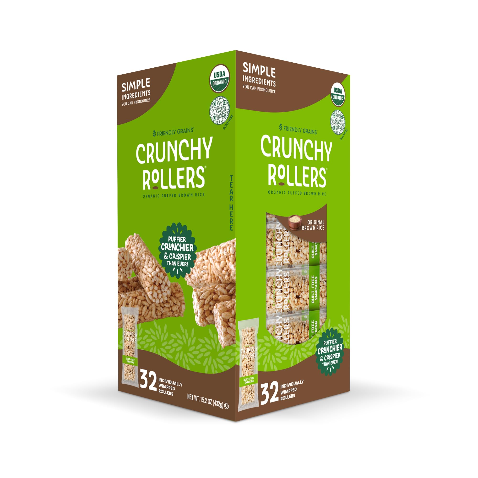 Friendly Grains Original Brown Rice Crunchy Rollers pack-2, light, low-calorie snack.