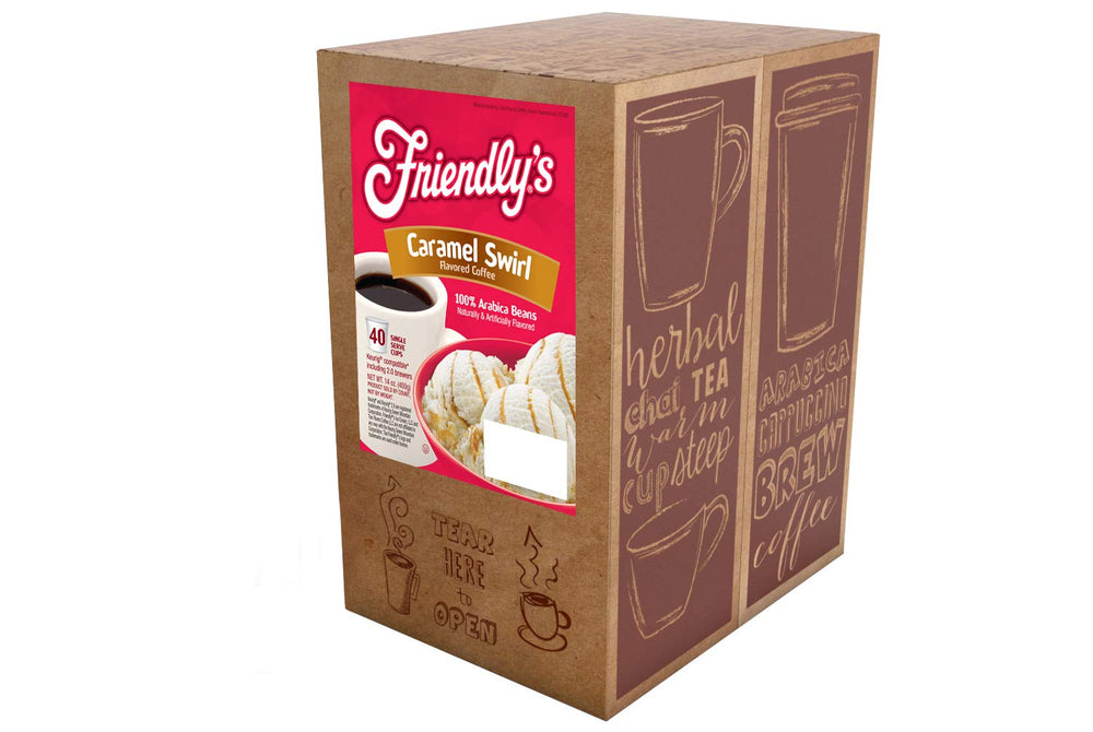 Friendly's 40-count pack highlights convenience and value for daily caramel flavored coffee.