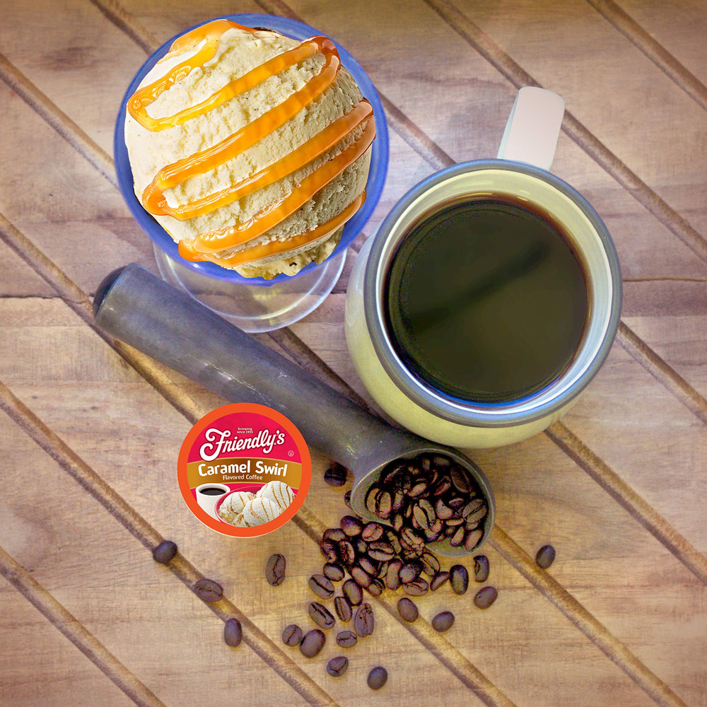 Friendly's caramel swirls close-up highlighting luscious caramel notes.