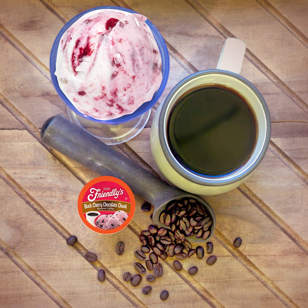 Mug filled with fragrant cherry chocolate coffee on a cozy morning table