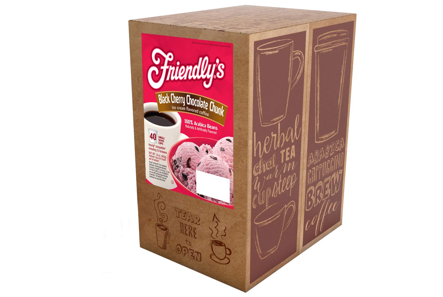 Friendly's coffee pods beside a steaming mug, showcasing the cherry chocolate ice cream flavor
