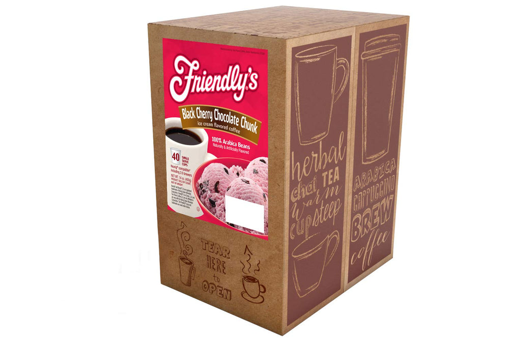 Friendly's coffee pods beside a steaming mug, showcasing the cherry chocolate ice cream flavor