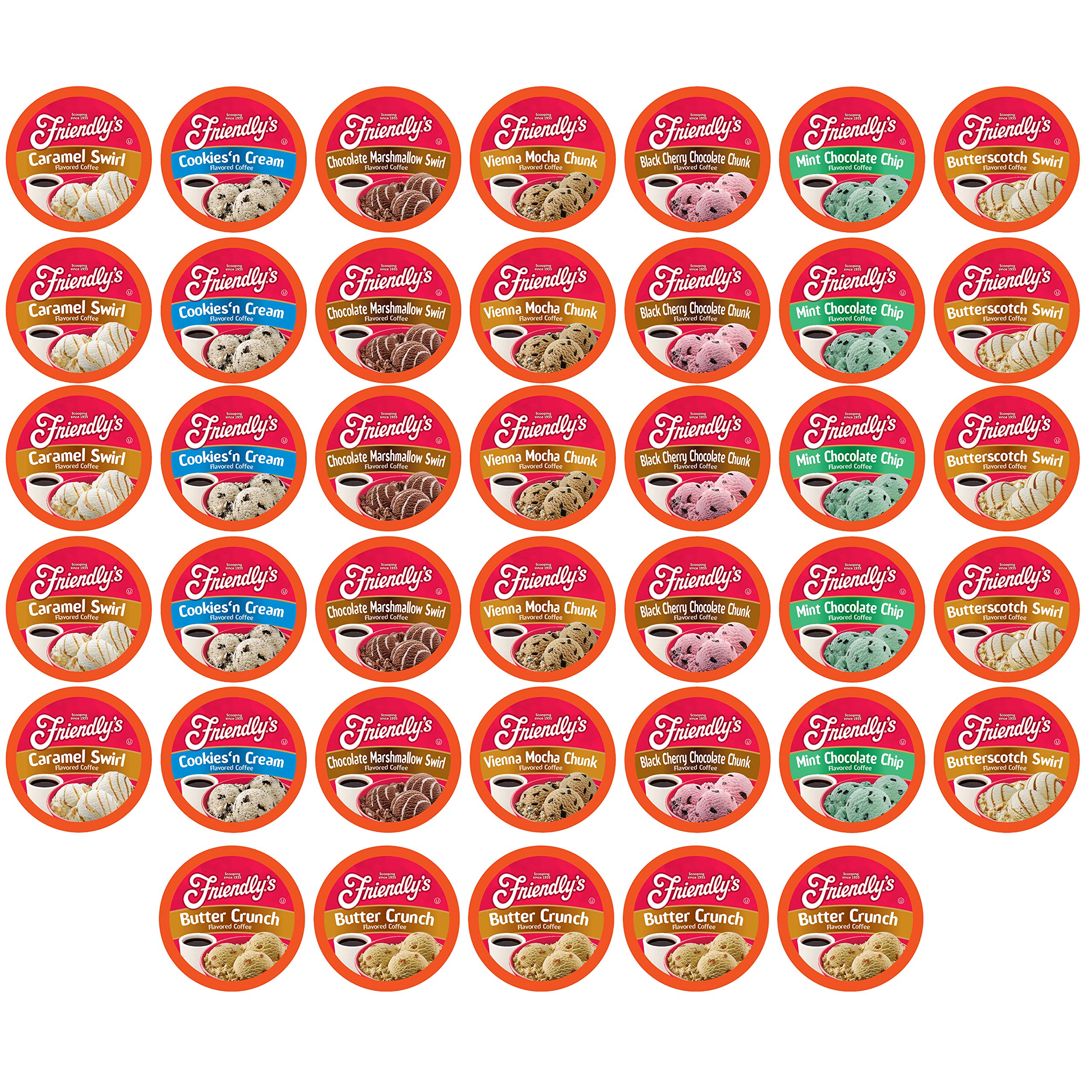 Friendly's ice cream flavored coffee pods display an assorted variety pack for flavor discovery.