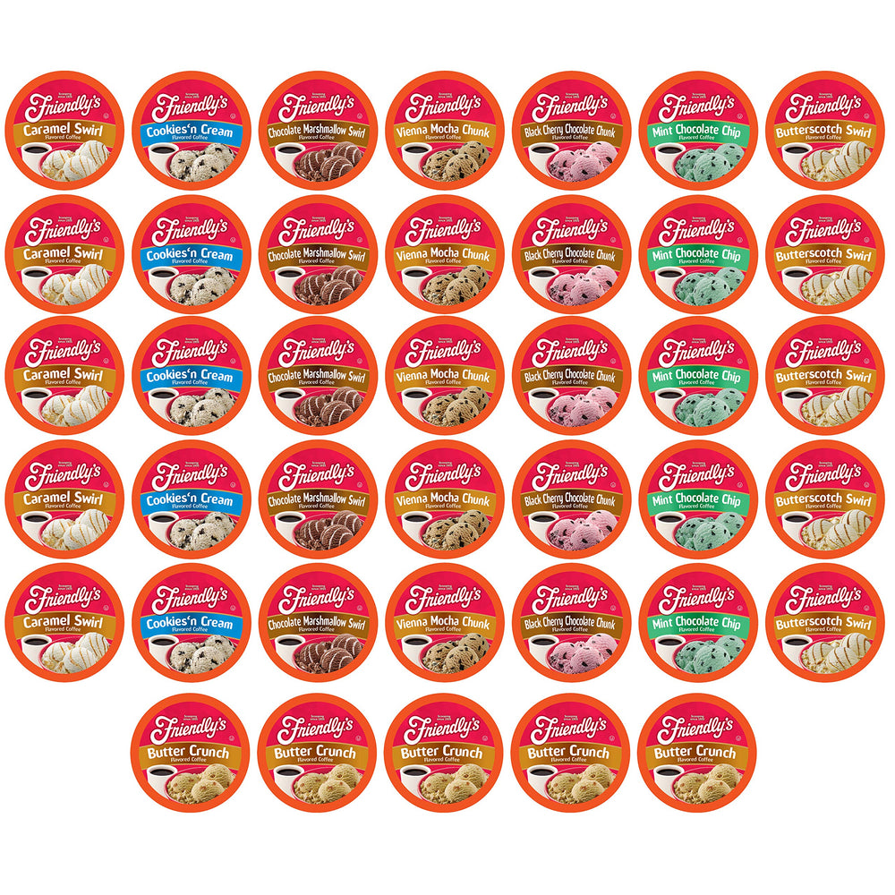 Friendly's ice cream flavored coffee pods display an assorted variety pack for flavor discovery.