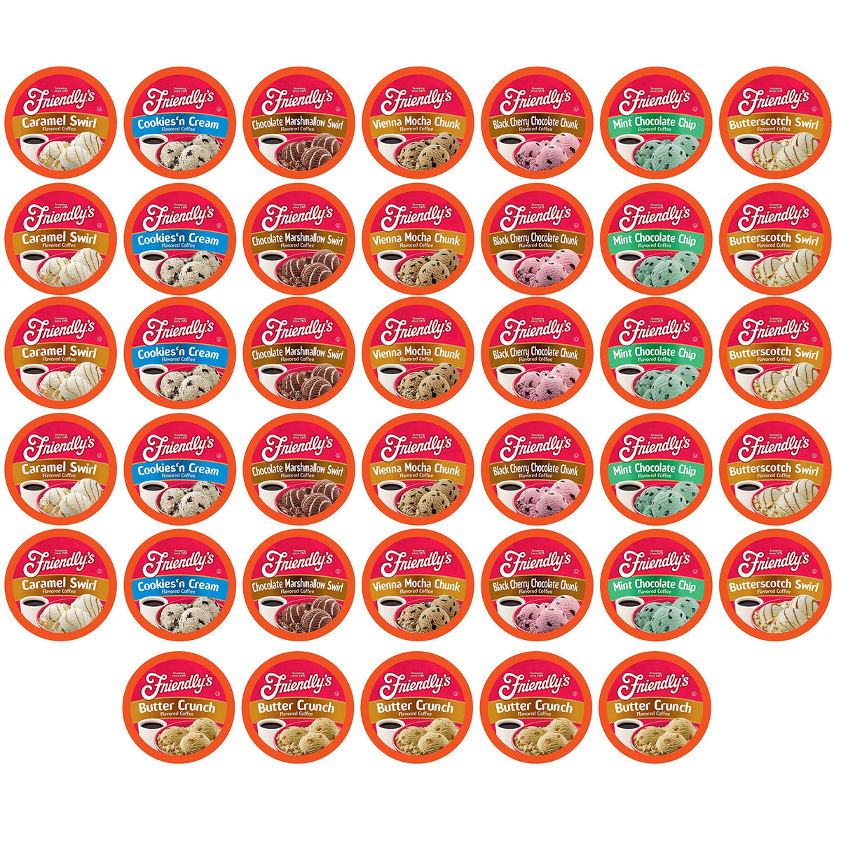 Friendly's ice cream flavored coffee pods display an assorted variety pack for flavor discovery.