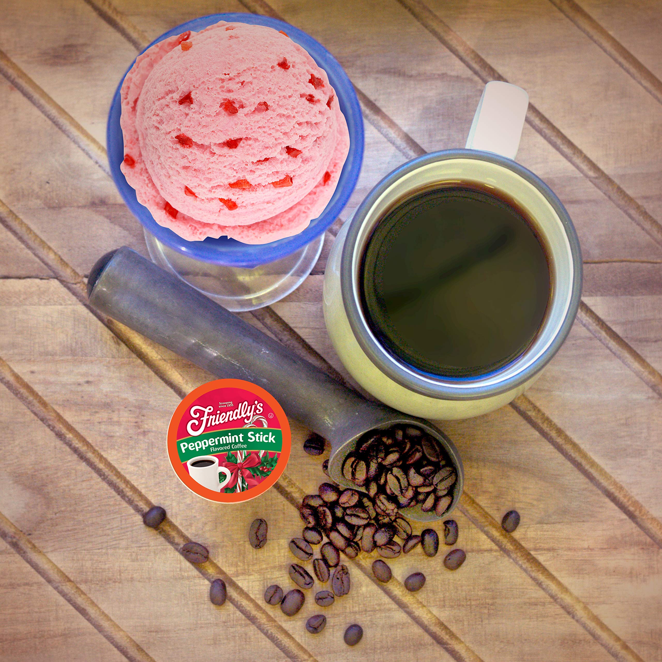 Holiday mug scene with Friendly's peppermint coffee.