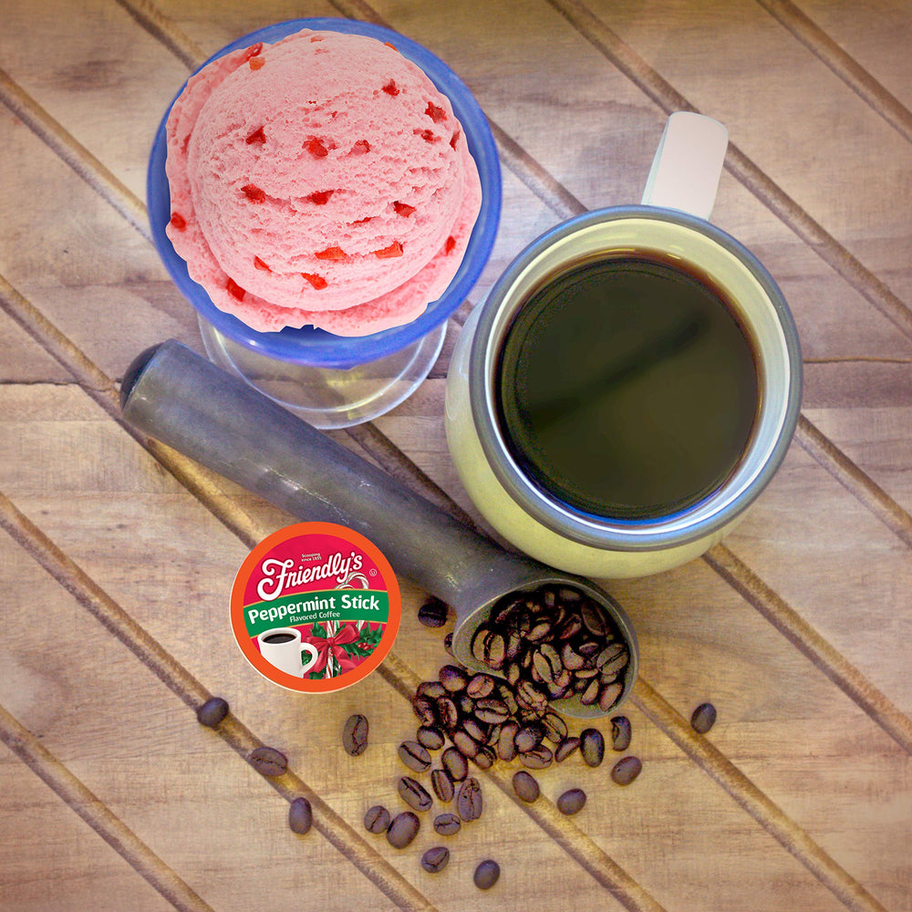 Holiday mug scene with Friendly's peppermint coffee.
