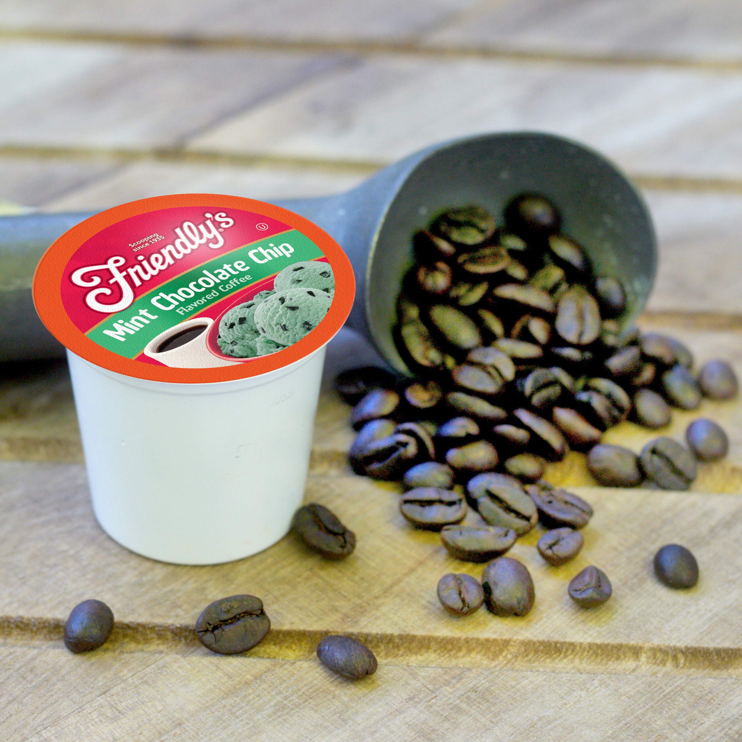 Friendly's Mint Chocolate Chip pods offer a crisp mint brightness with chocolate balance.
