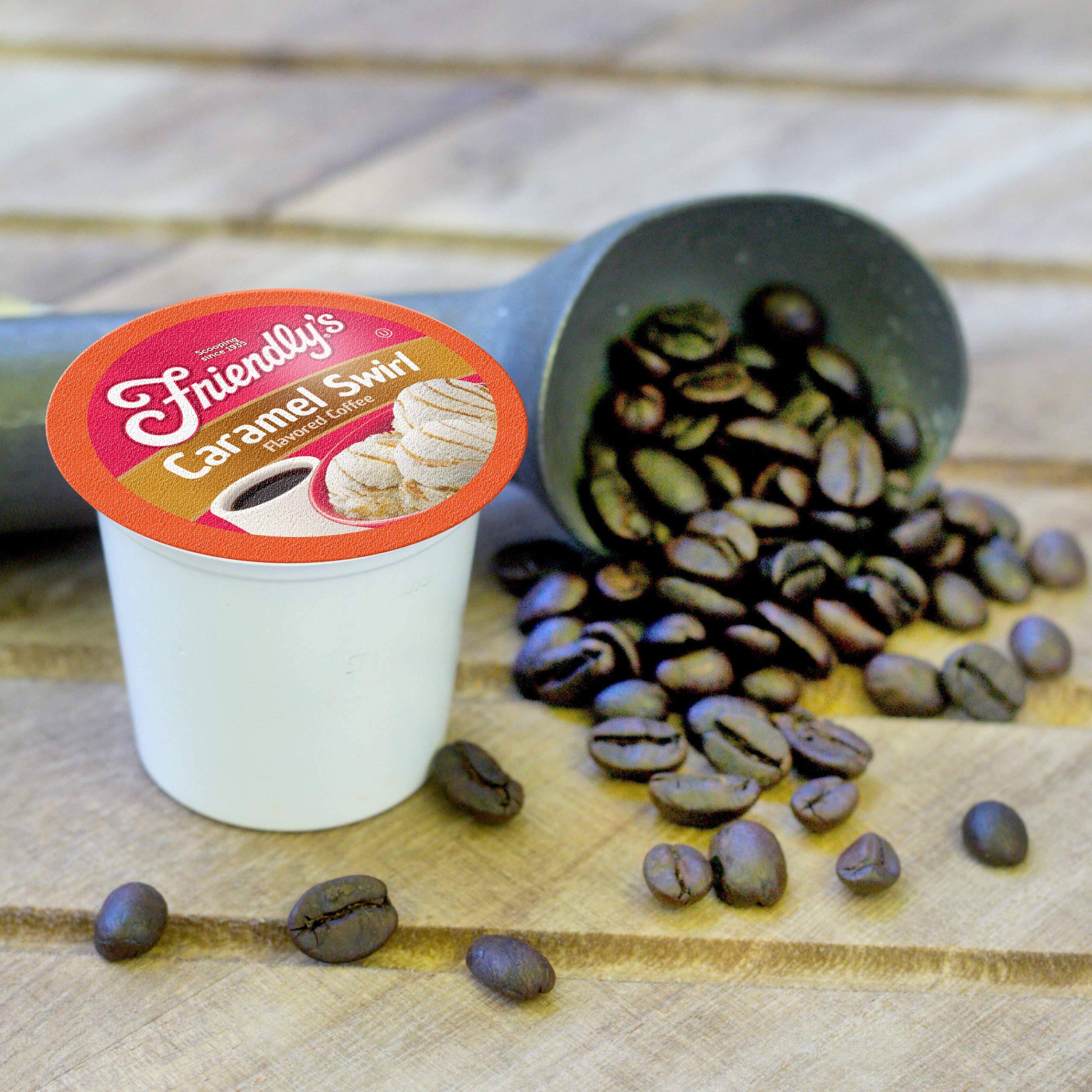 Friendly's steaming cup with caramel aroma for a warm coffee moment.