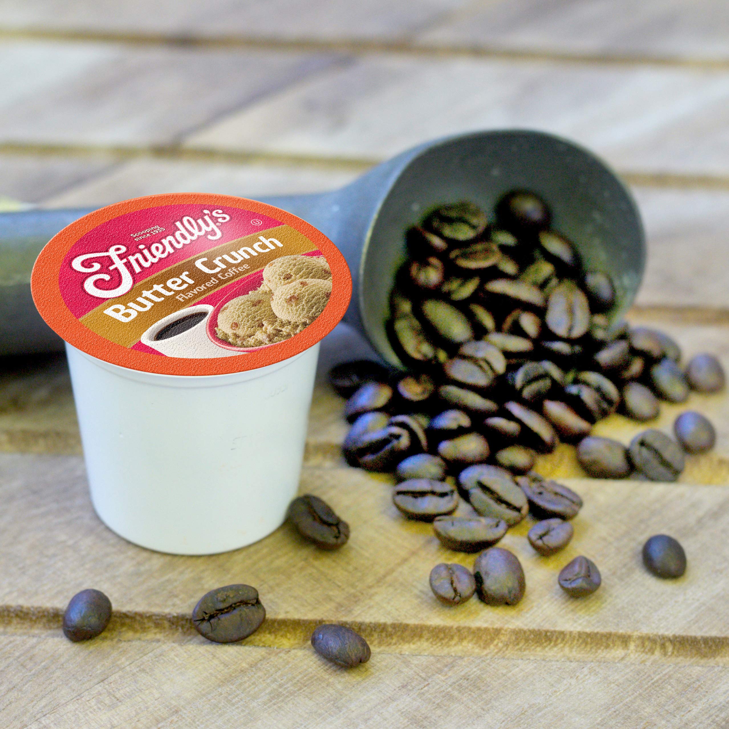 Friendly's Vienna Mocha Chunk flavor pod beside a cup.