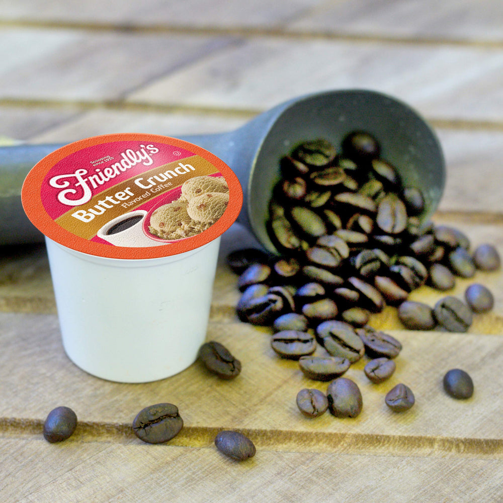 Friendly's Vienna Mocha Chunk flavor pod beside a cup.