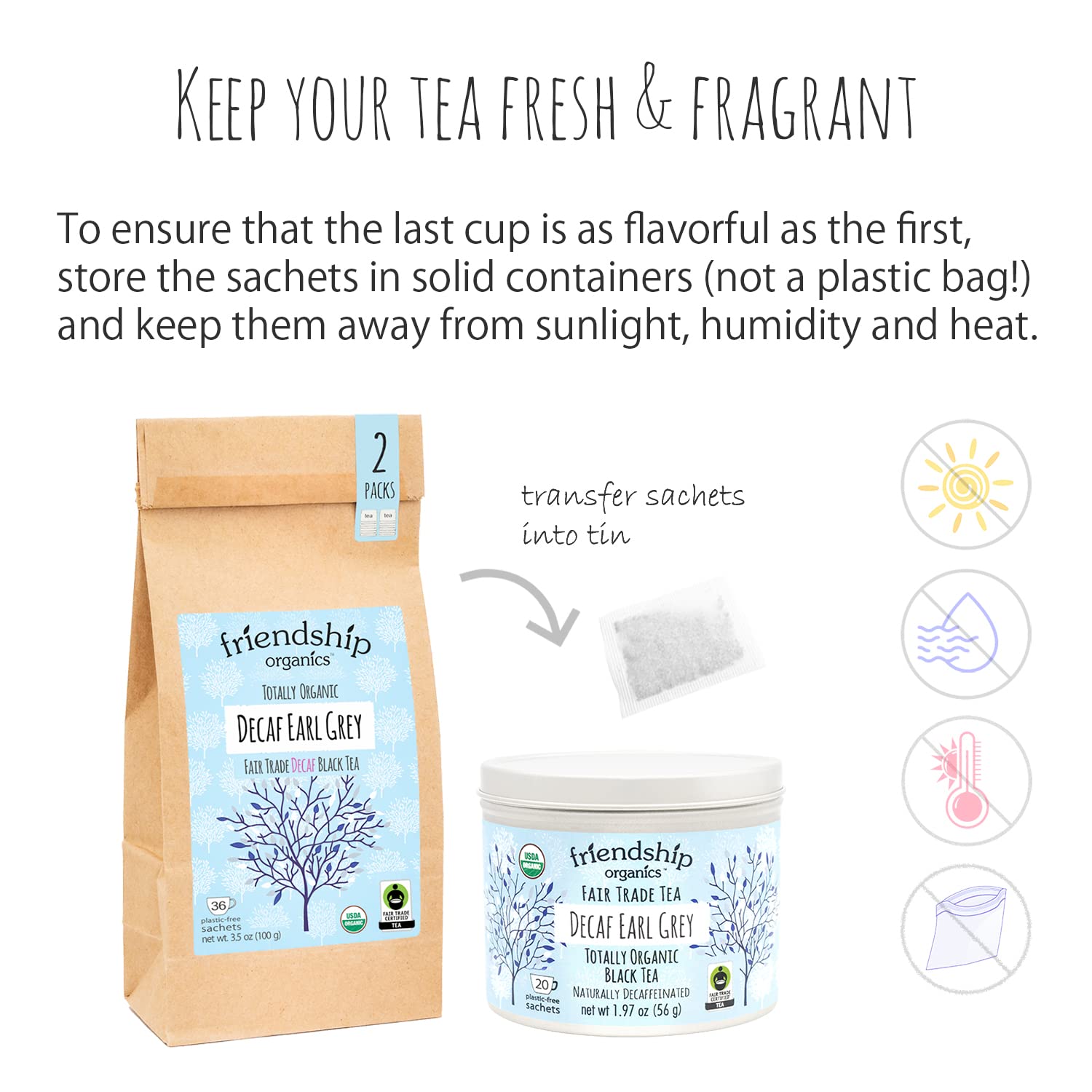 Friendship Organics certifications badge signals organic and fair trade credibility.