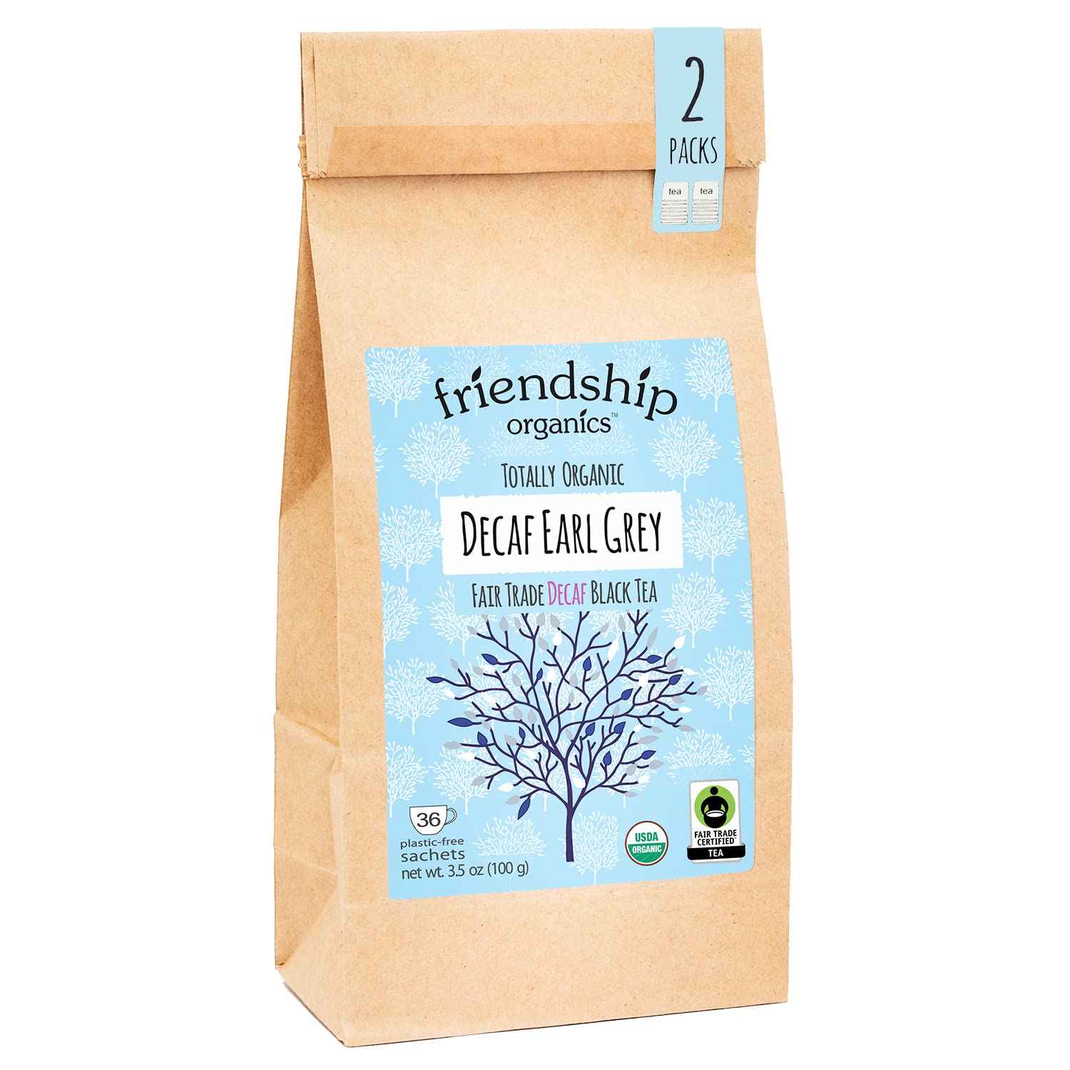 Friendship Organics decaf Earl Grey tea bags packaging showcases freshness with plastic-free design.