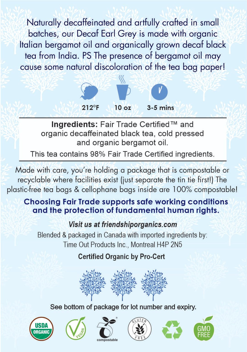 Friendship Organics decaf Earl Grey bergamot oil note highlights natural flavor.