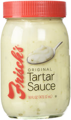 Frisch's Sauce Tartar Original bottle pouring, ideal for burgers and seafood.