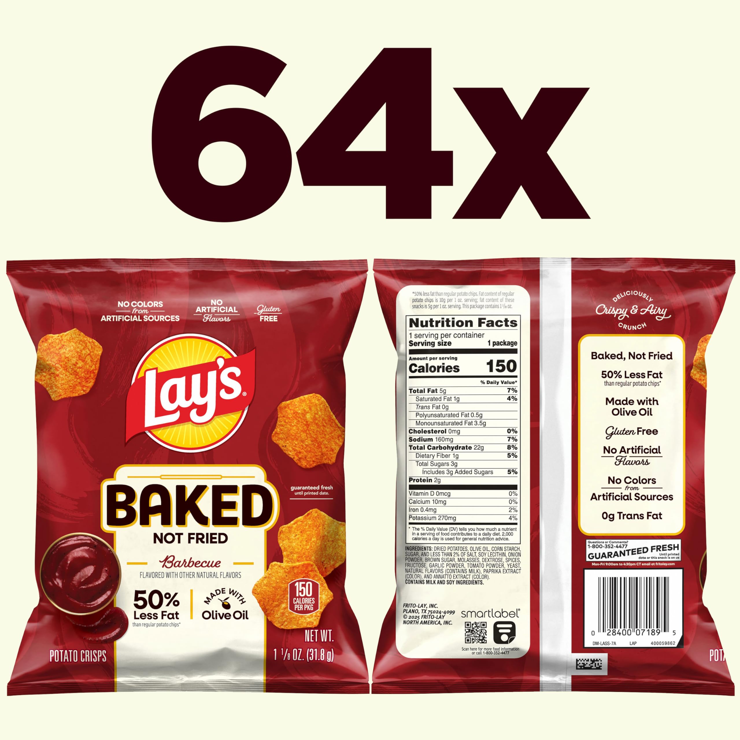Frito-Lay Baked Lays Barbecue crisp closeup highlights airy crunch and bold flavor.
