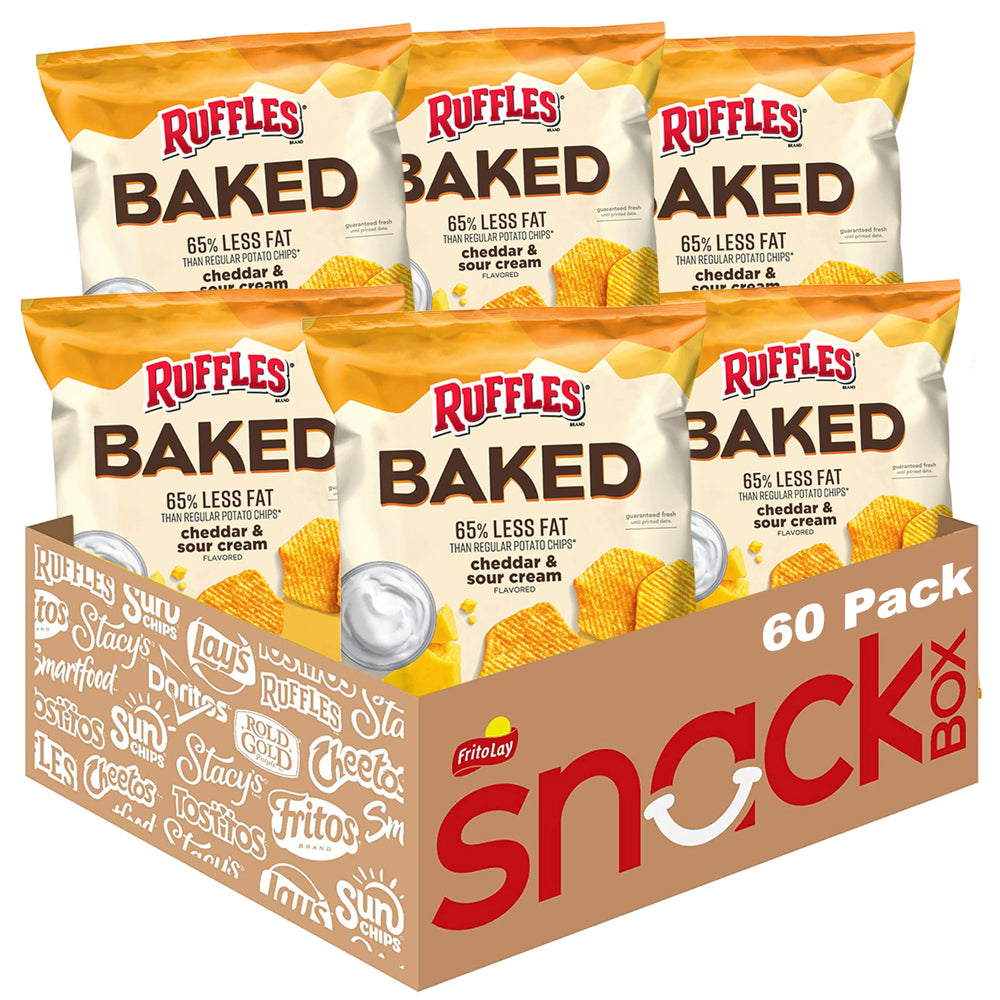 Frito-Lay baked Ruffles Cheddar & Sour Cream 60-pack, crisp and convenient for snacking.