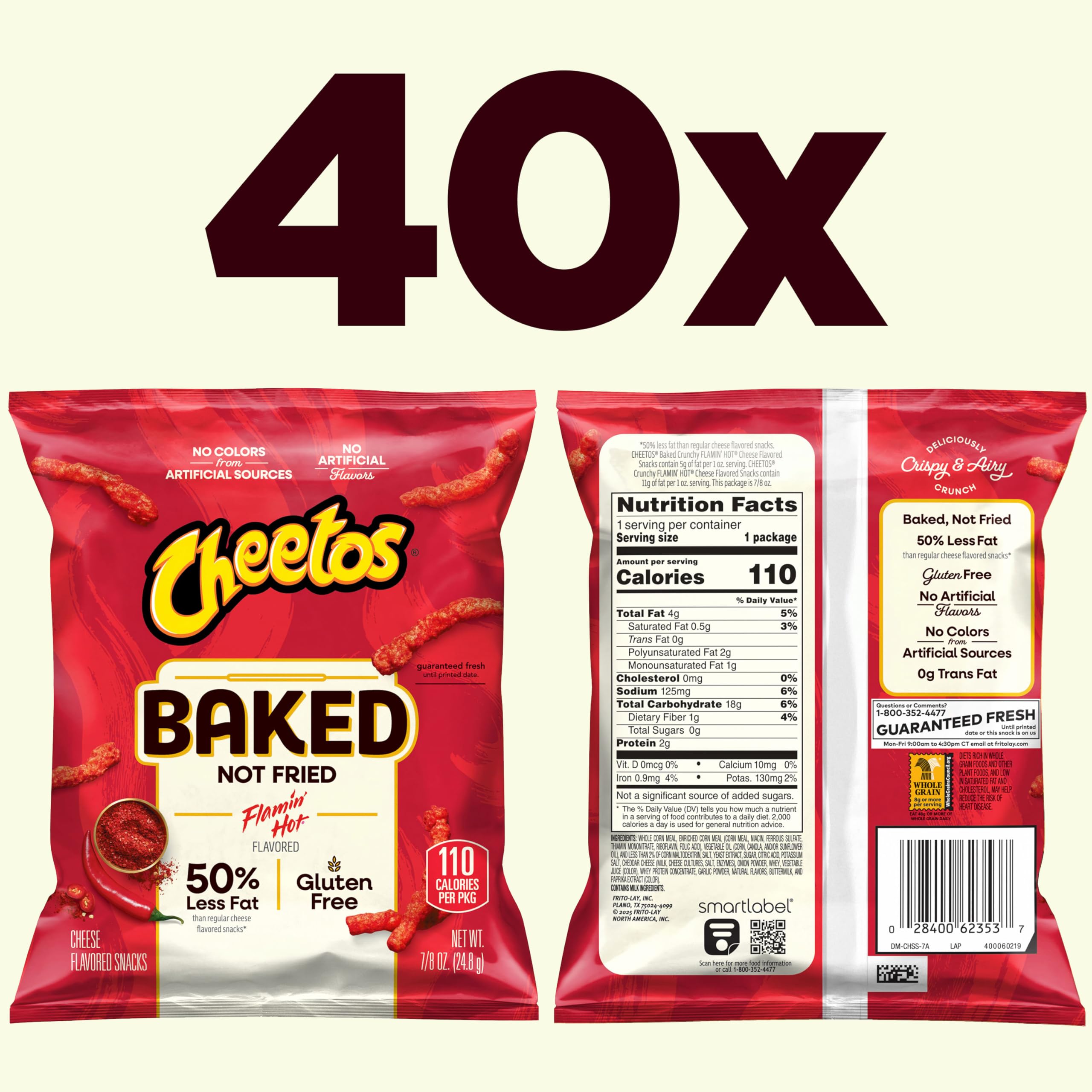 Cheetos Crunchy Flamin' Hot close-up shows bold color and crispy oven-baked crunch
