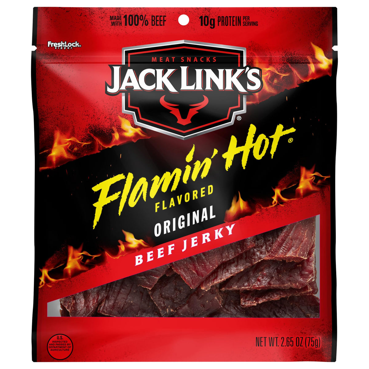Jack Links Doritos Flamin' Hot 2.65oz bag front with bold spicy seasoning for on-the-go snacking