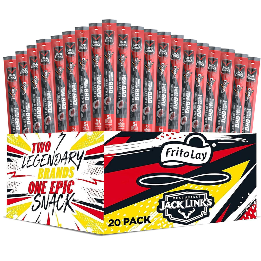 Frito-Lay Jack Link’s Doritos Meat Sticks Sweet & Tangy BBQ pack shot, bold flavor, portable protein snack.