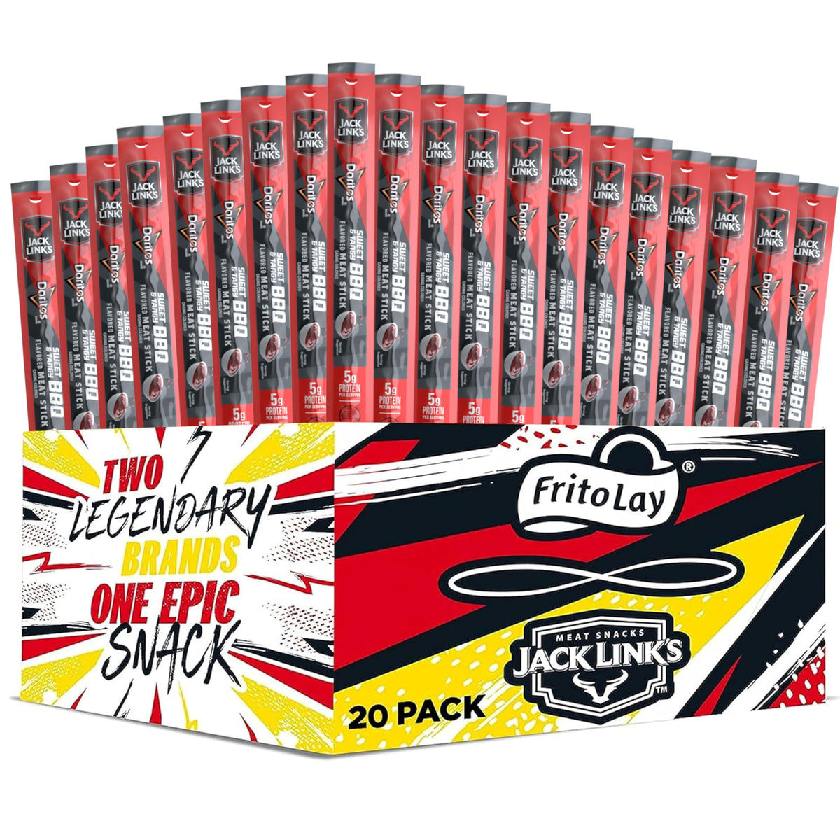 Frito-Lay Jack Link’s Doritos Meat Sticks Sweet & Tangy BBQ pack shot, bold flavor, portable protein snack.