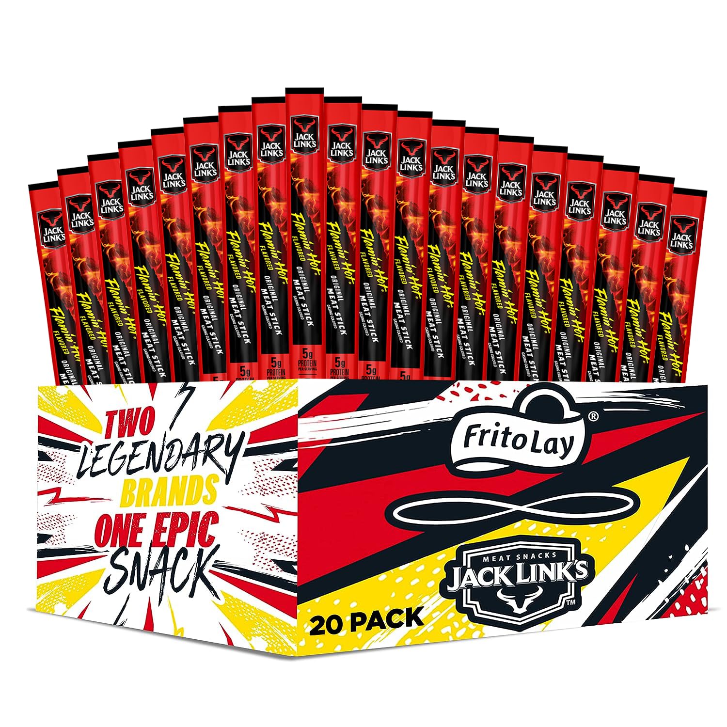 Jack Link's Flamin' Hot meat sticks pack-20 front view showing on-the-go protein