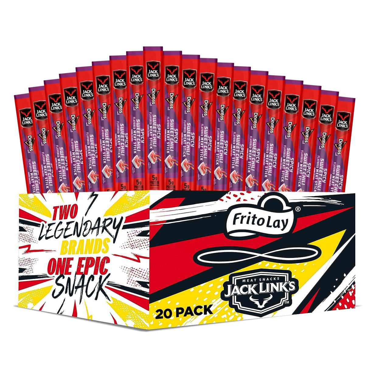 Frito Lay Jack Link's meat sticks and Doritos Spicy Sweet Chili pack shot for on-the-go snacking.