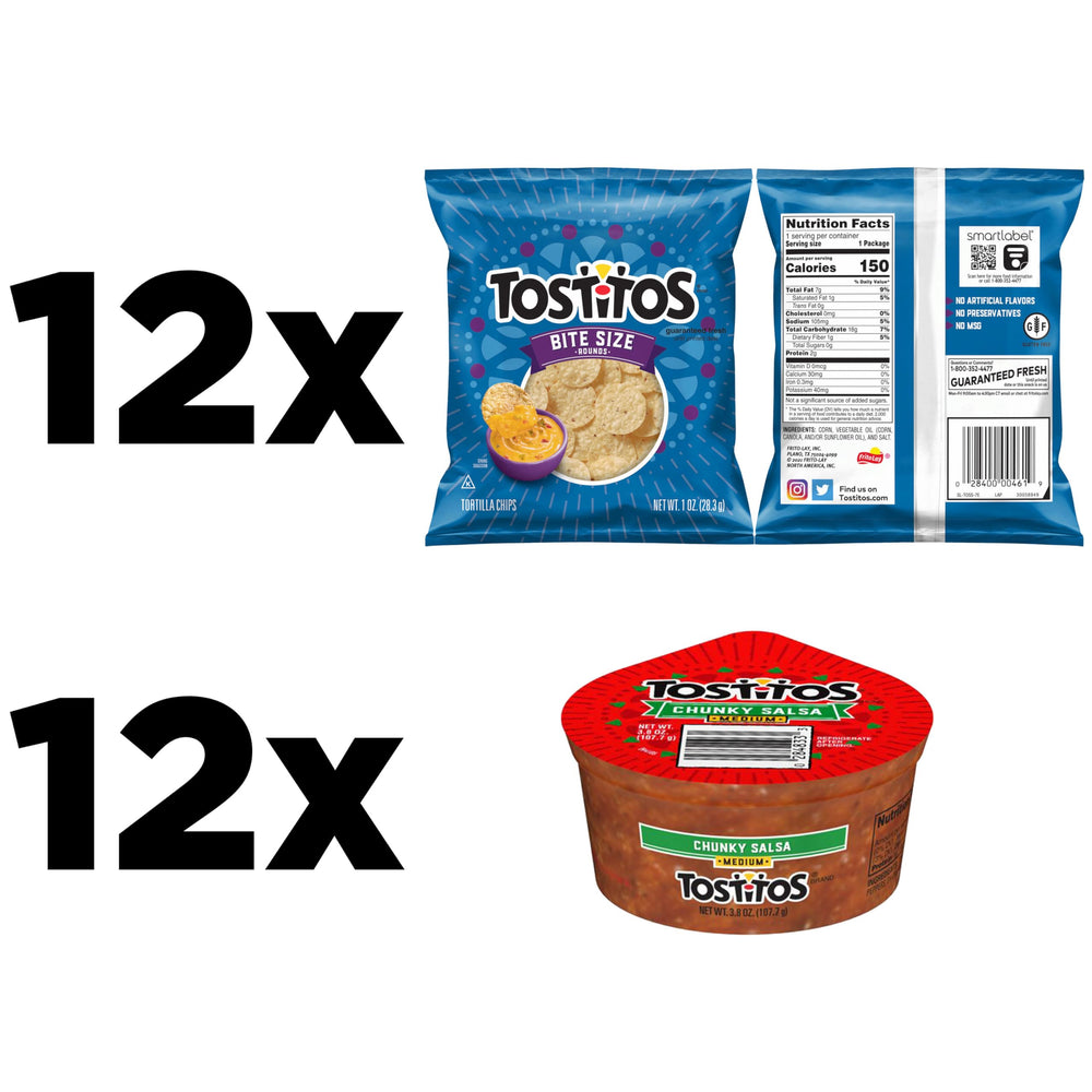 Frito Lay Tostitos bite-size rounds with dip cups, perfect for at-home gatherings.