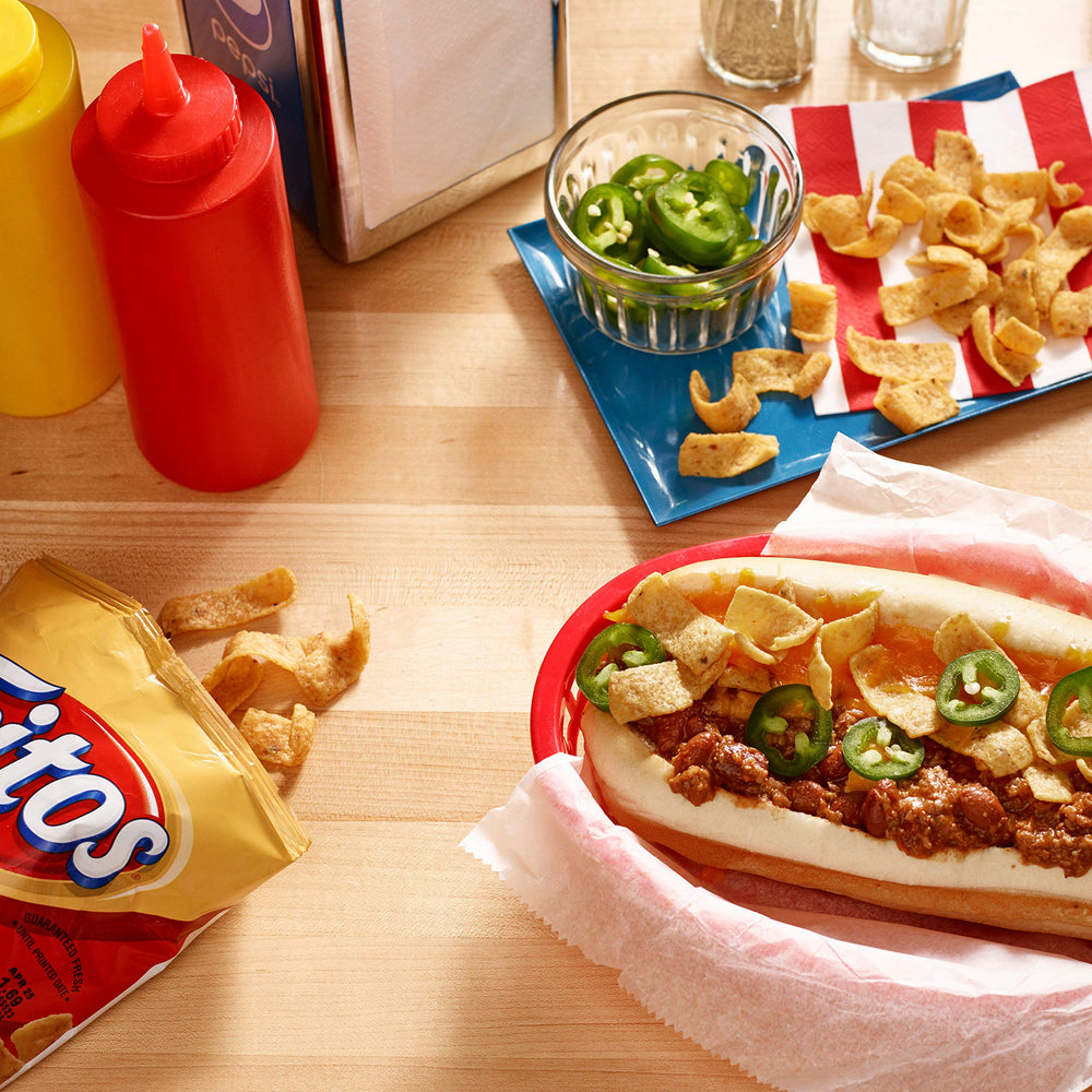 Fritos 40-bag snack pack display for convenient single-serving portions at work or school.