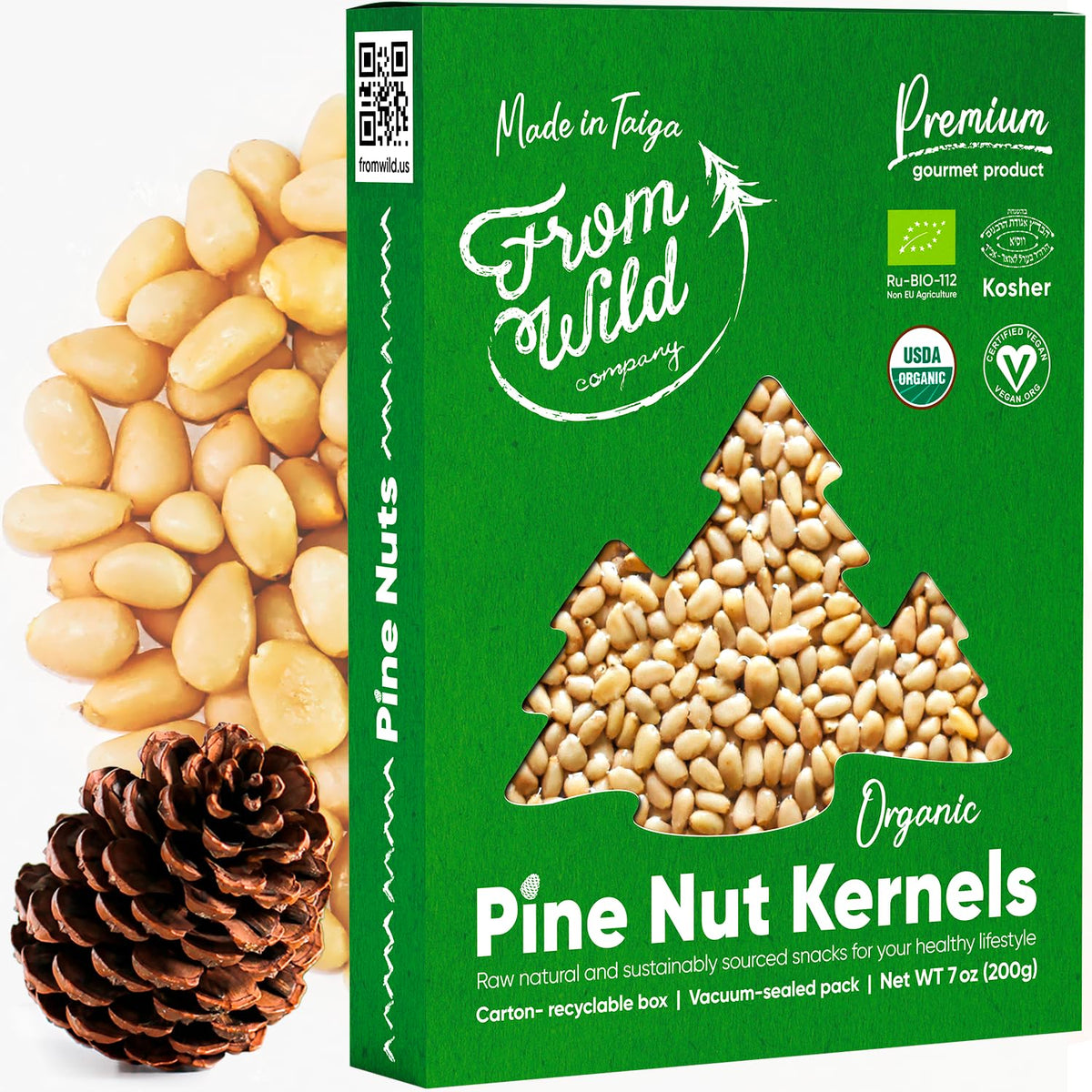 FROM WILD Siberian pine nuts 7oz pack on shelf for gourmet vegan meals