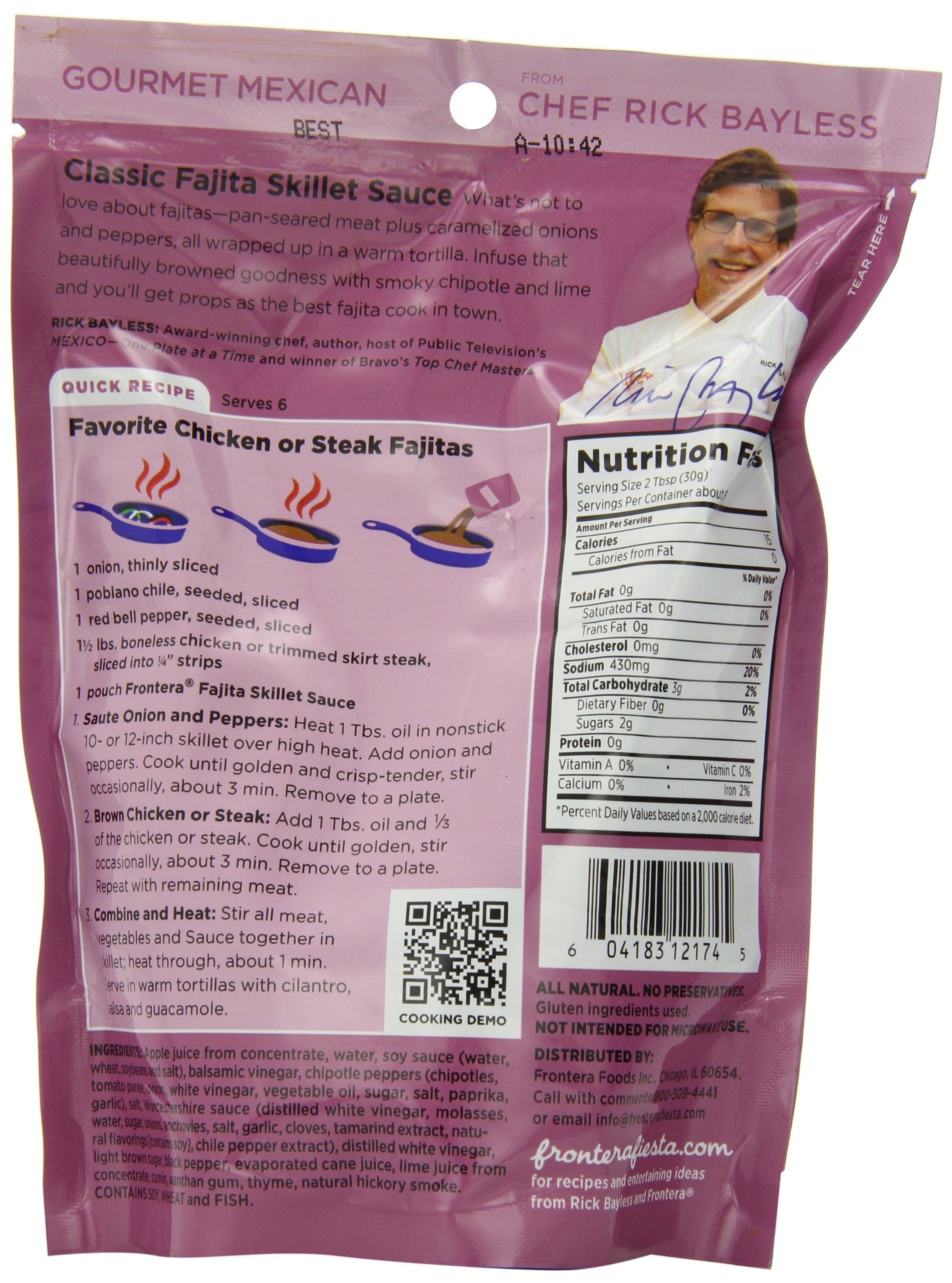 Frontera fajita pouch 8oz shows ingredients list for easy meal planning.